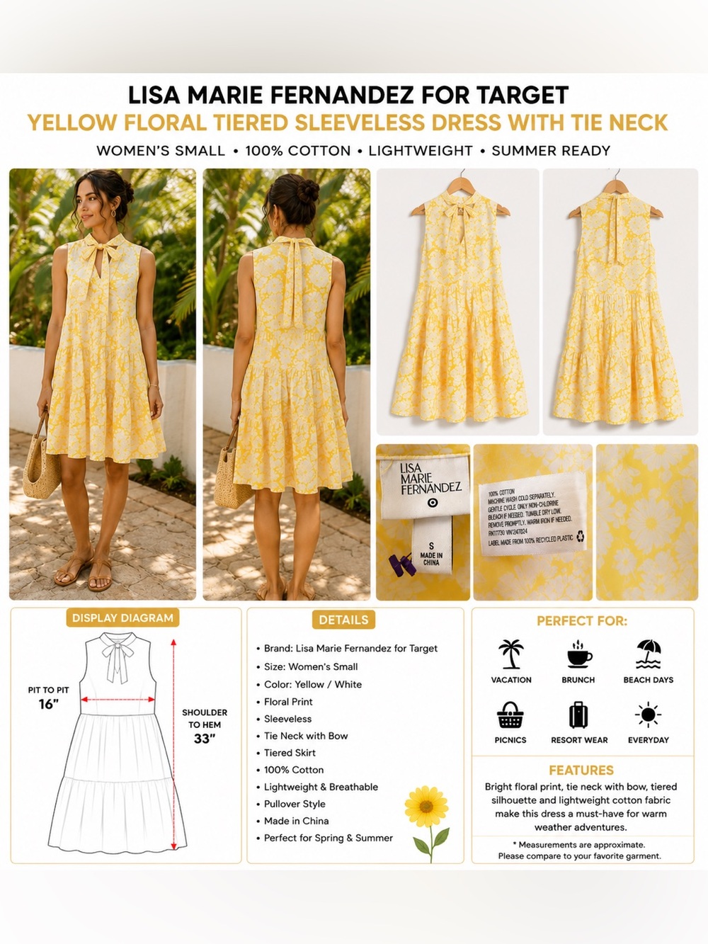 Lisa Marie Fernandez X Target Yellow White Tiered Sleeveless Dress Women's S